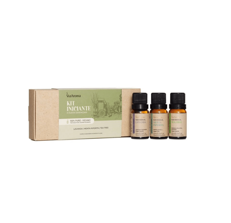 Kit 3 Óleos Essenciais Iniciante Via Aroma - Lavanda, Menta Piperita e Tea Tree